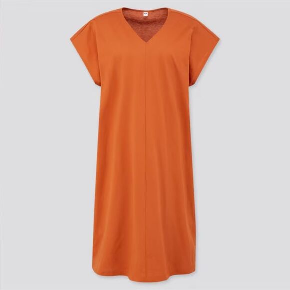 Uniqlo Burnt Orange V Neck 100% Cotton Dress Boxy Sleeveless Medium Summer Women - Picture 1 of 6